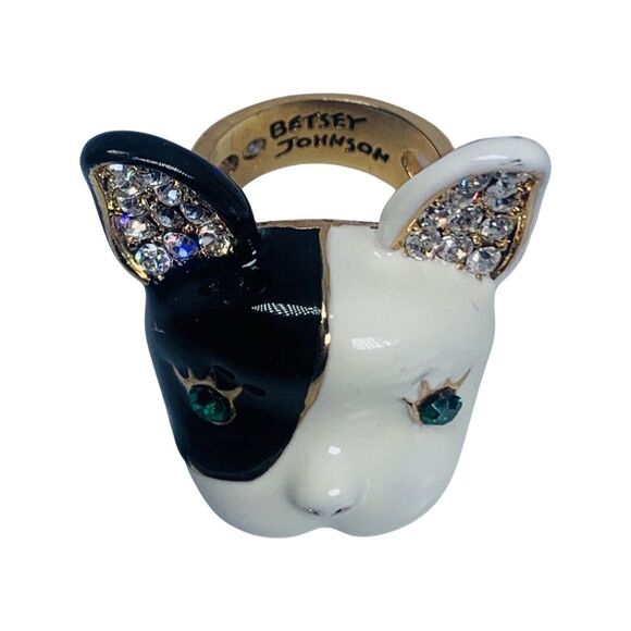 Betsey Johnson French Bulldog Statement Ring Crystal Royal Engagement VTG - Picture 7 of 9
